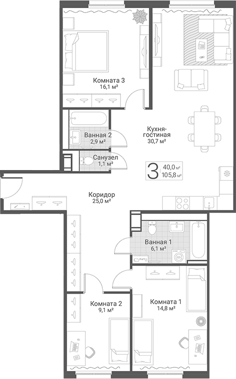 Планировка: 4Е-к.кв · 105,8 м²
