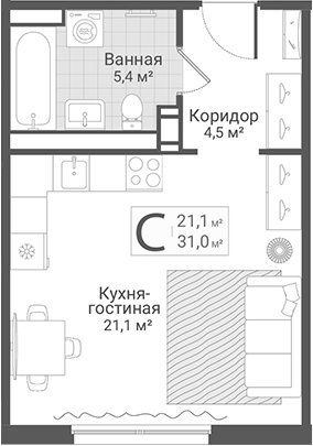 Планировка: Студия · 31 м²