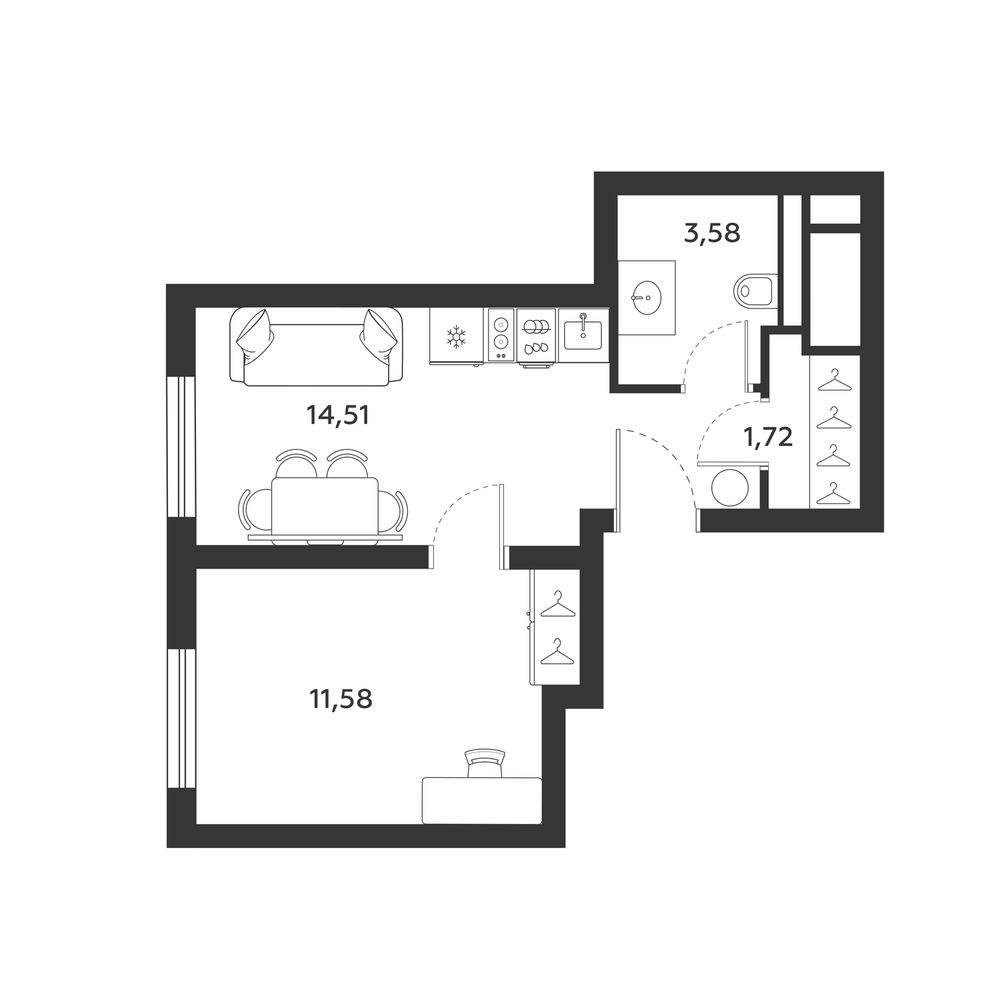 Планировка: 1 комната · 31,77 м²