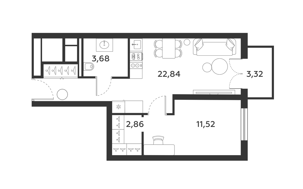 Планировка: 1 комната · 43,94 м²
