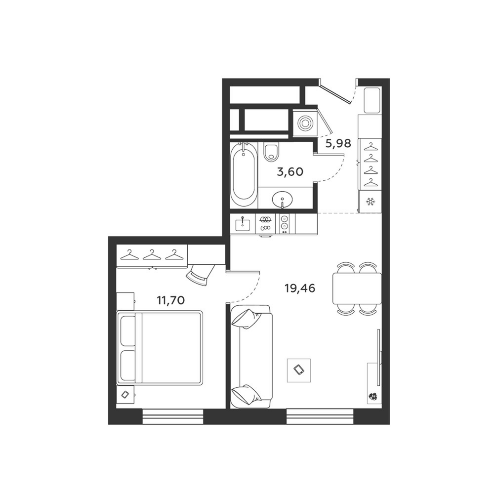 Планировка: 2Е-к.кв · 40,81 м²