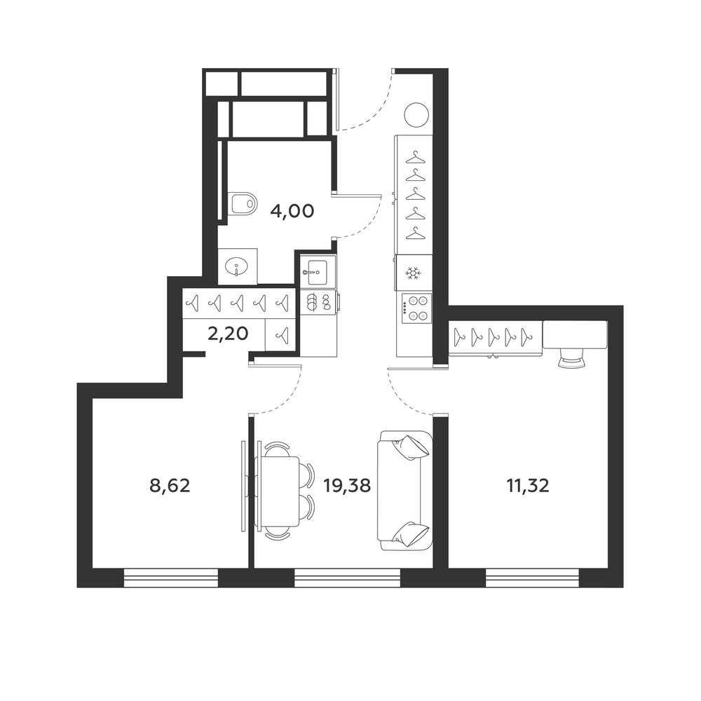 Планировка: 2 комнаты · 45,75 м²