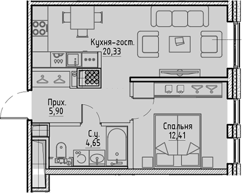 Планировка: 2Е-к.кв · 43,29 м²