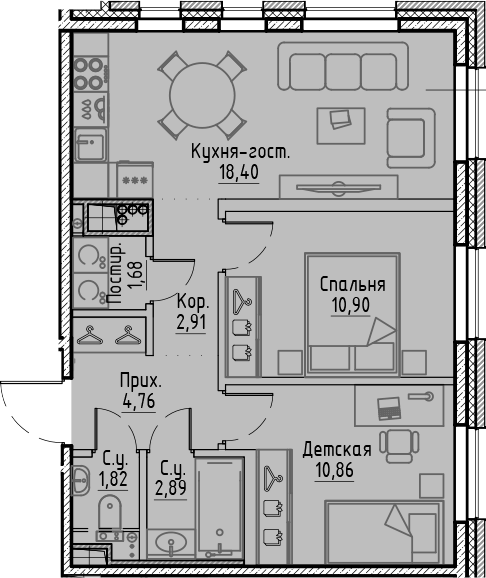 Планировка: 3Е-к.кв · 54,22 м²
