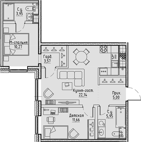 Планировка: 3Е-к.кв · 62,54 м²