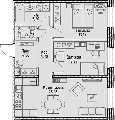 Планировка: 3Е-к.кв · 66,29 м²