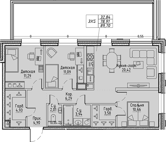 Планировка: 4Е-к.кв · 89,7 м²