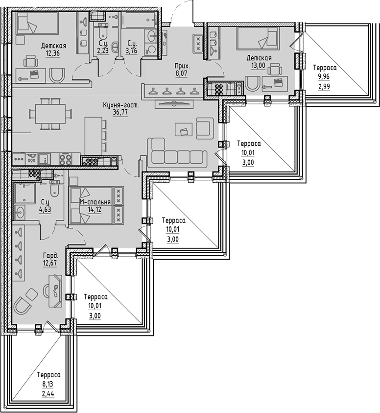 Планировка: 5Е-к.кв · 122,04 м²