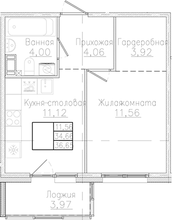 Планировка: 1 комната · 36,65 м²