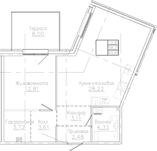 Планировка: 1 комната · 60,68 м²