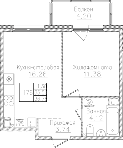 Планировка: 2Е-к.кв · 36,69 м²