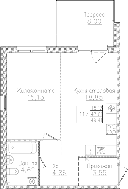 Планировка: 2Е-к.кв · 49,41 м²