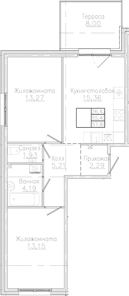 Планировка: 2 комнаты · 57,8 м²