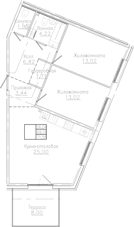 Планировка: 2 комнаты · 71,58 м²