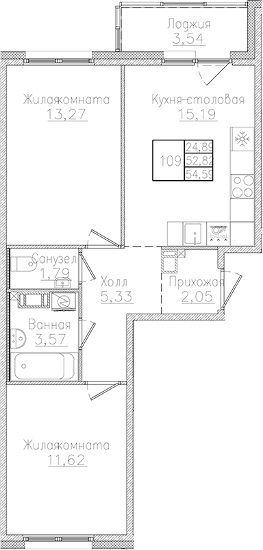 Планировка: 3Е-к.кв · 54,59 м²