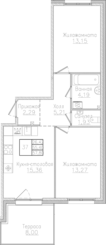 Планировка: 3Е-к.кв · 58,05 м²