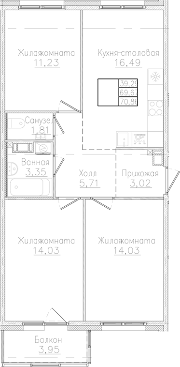 Планировка: 3 комнаты · 70,86 м²