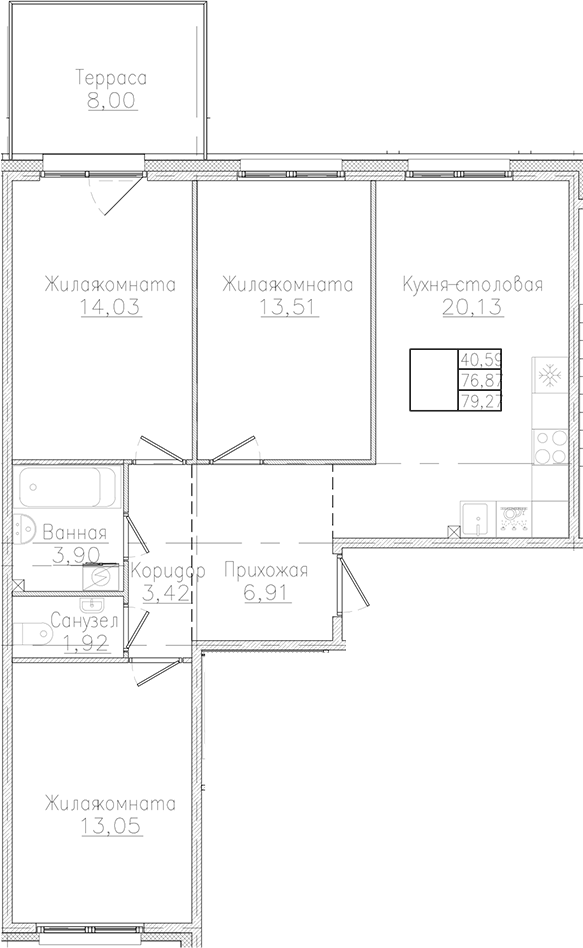 Планировка: 3 комнаты · 79,27 м²