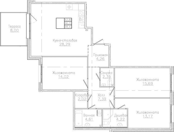 Планировка: 3 комнаты · 98,42 м²