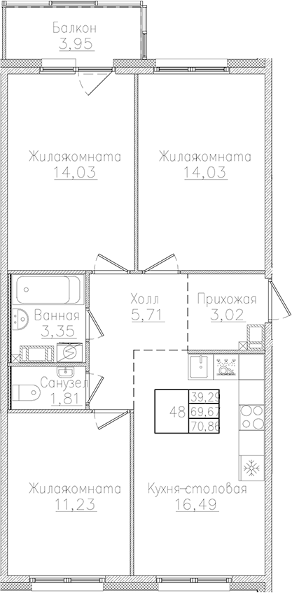Планировка: 4Е-к.кв · 70,86 м²