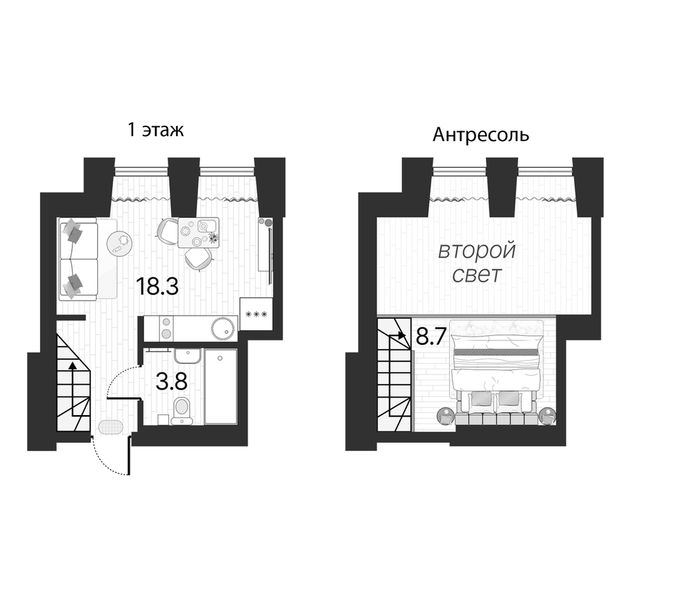 Планировка: 2Е-к.кв · 30,8 м²