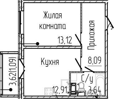 Планировка: 1 комната · 38,85 м²