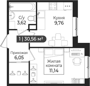 Планировка: 1 комната · 30,56 м²
