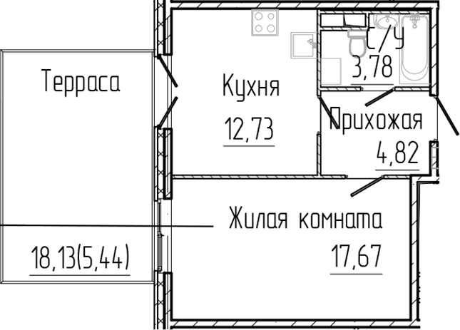 Планировка: 1 комната · 44,44 м²