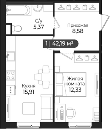 Планировка: 2Е-к.кв · 42,19 м²