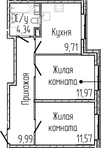 Планировка: 2 комнаты · 47,58 м²
