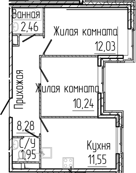 Планировка: 2 комнаты · 46,51 м²