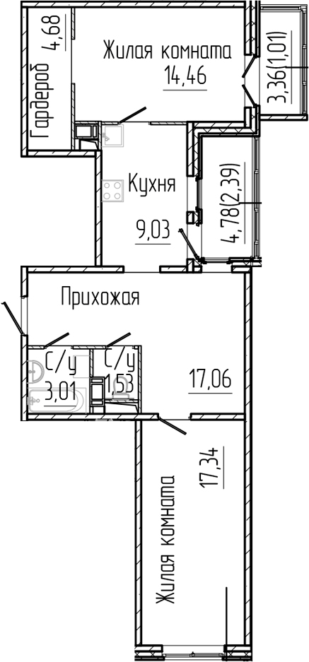 Планировка: 2 комнаты · 70,51 м²