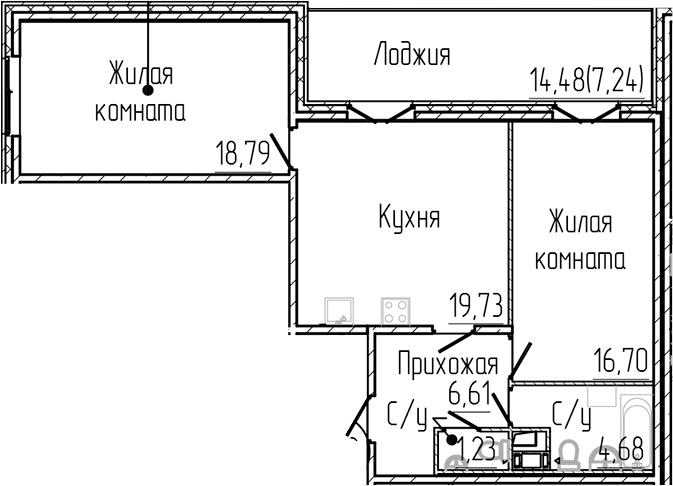 Планировка: 3Е-к.кв · 74,98 м²