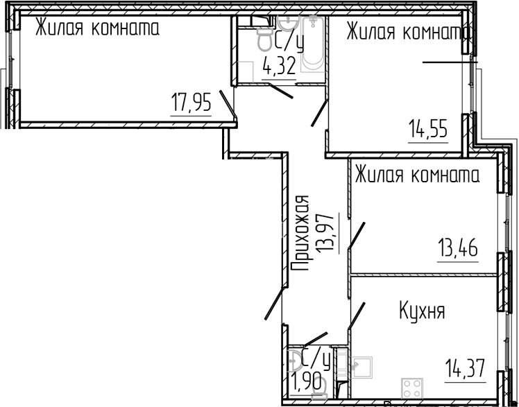 Планировка: 3 комнаты · 80,52 м²