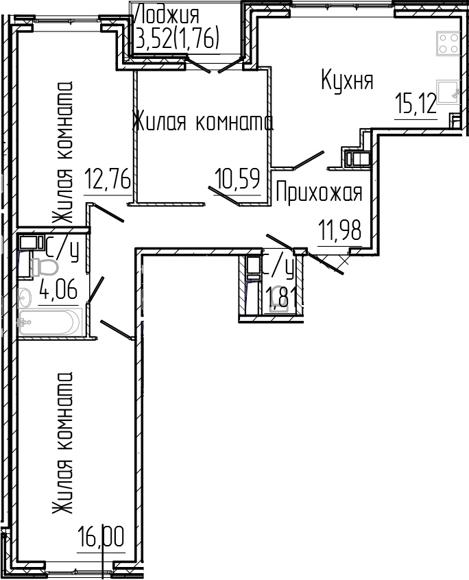 Планировка: 4Е-к.кв · 74,08 м²