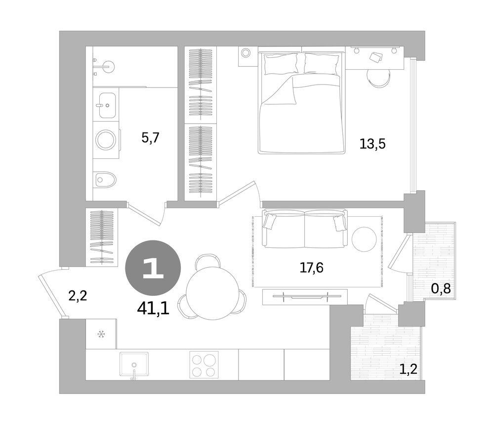Планировка: 1 комната · 41,1 м²