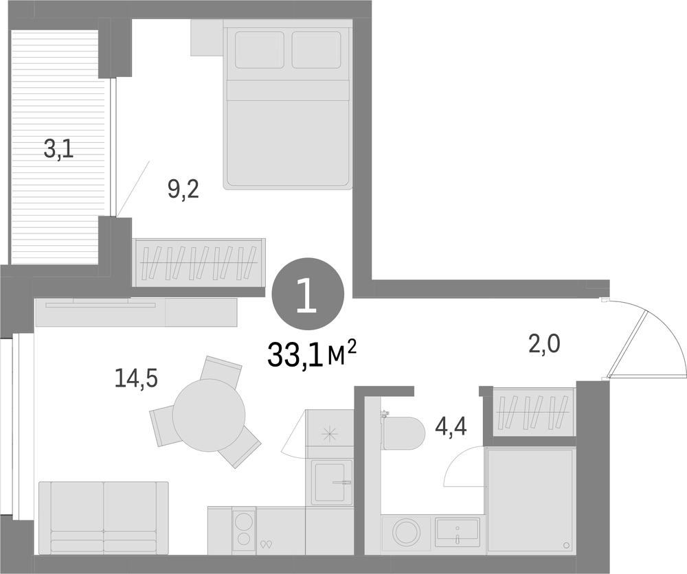 Планировка: 1 комната · 31,58 м²