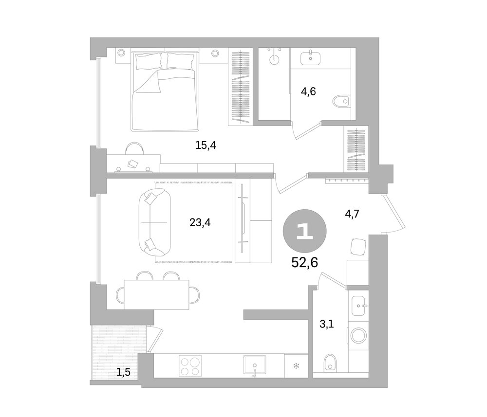 Планировка: 2Е-к.кв · 52,6 м²