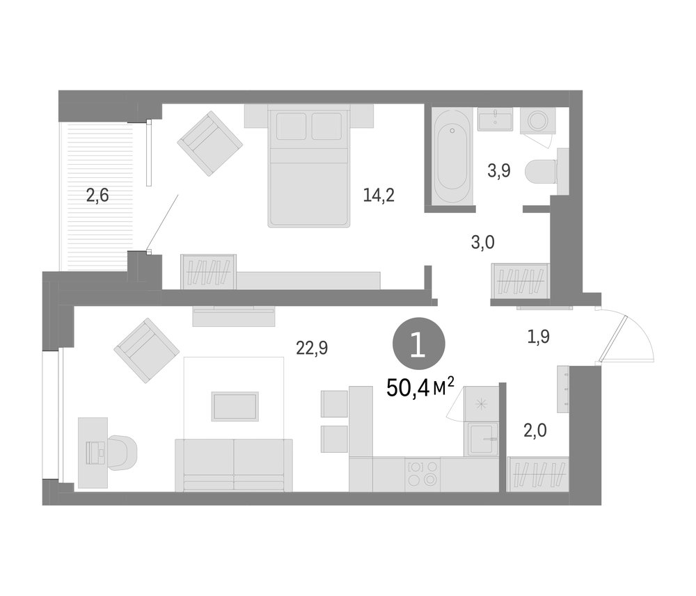 Планировка: 2Е-к.кв · 50,4 м²
