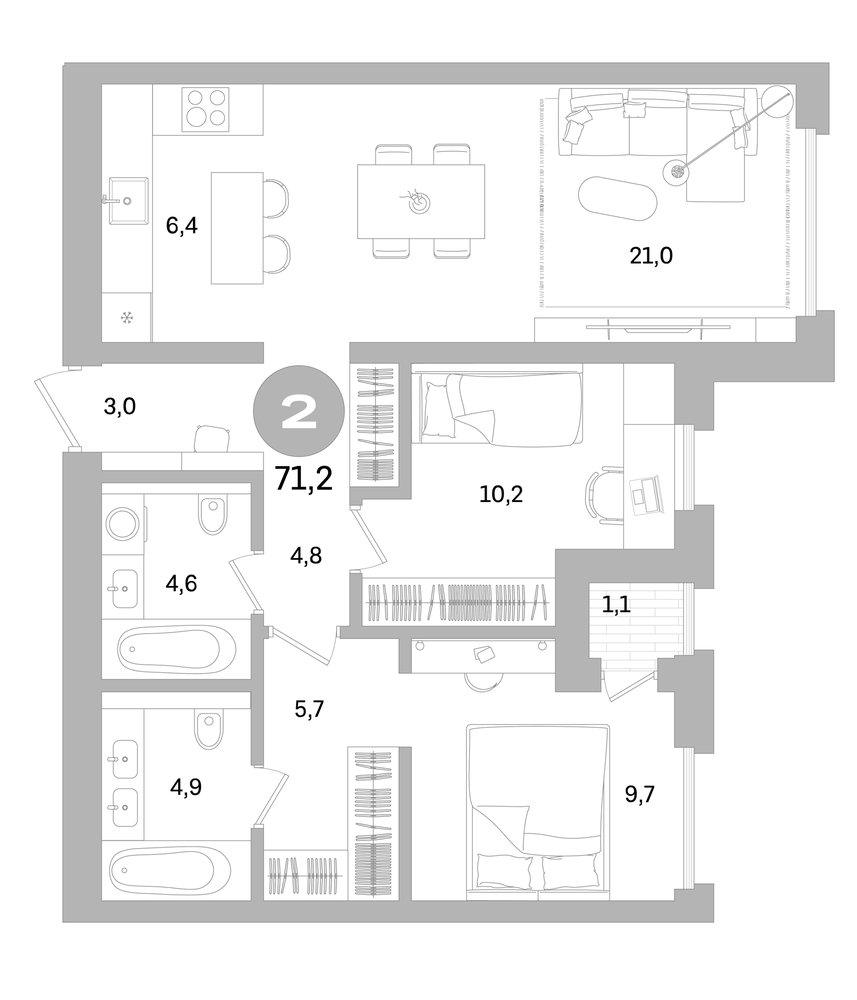 Планировка: 2 комнаты · 71,2 м²