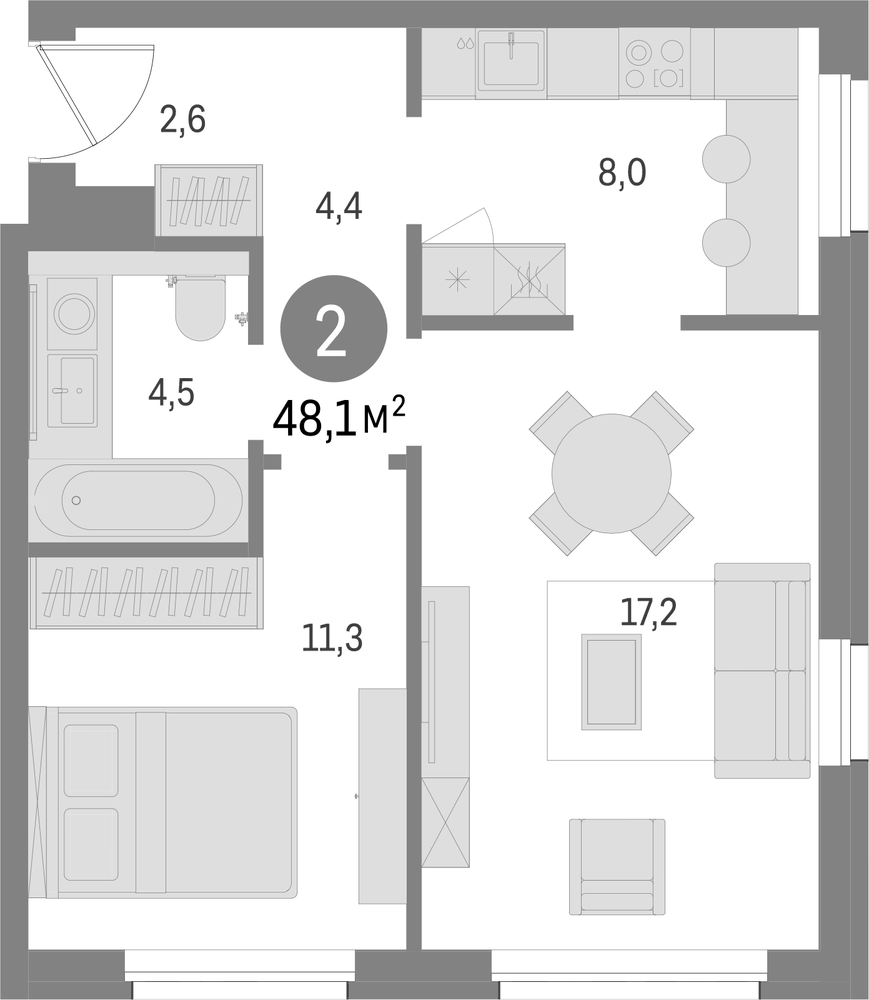 Планировка: 2 комнаты · 48,08 м²
