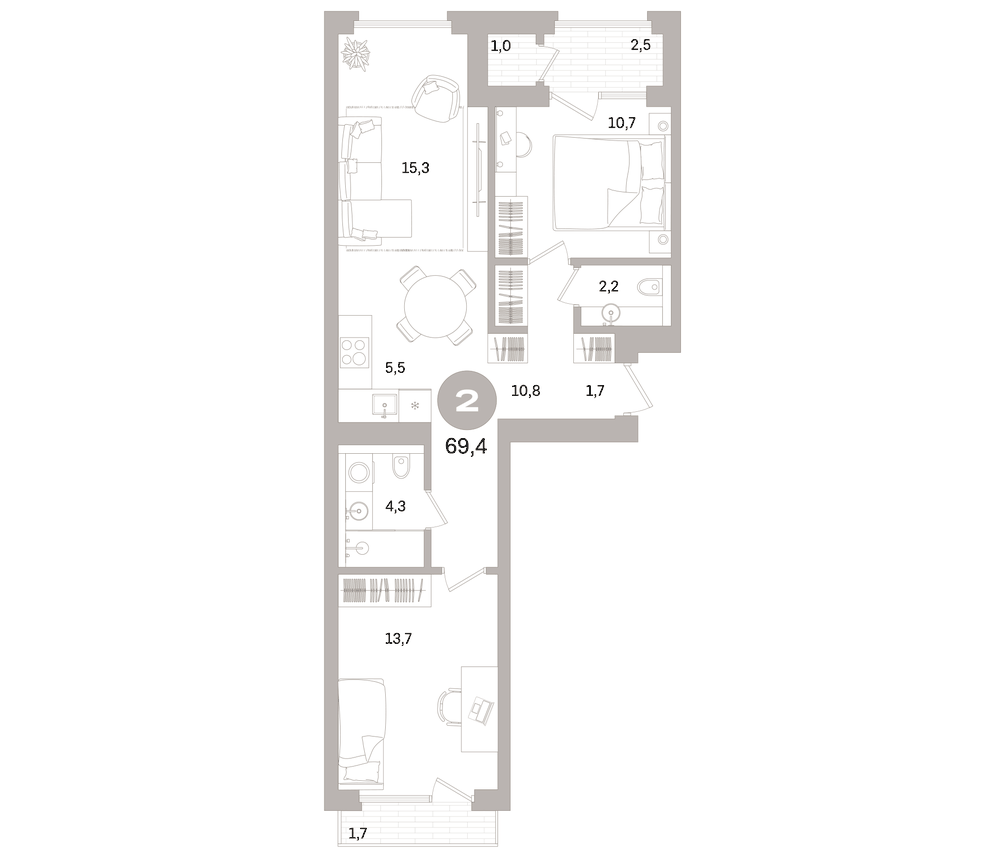 Планировка: 3Е-к.кв · 69,4 м²