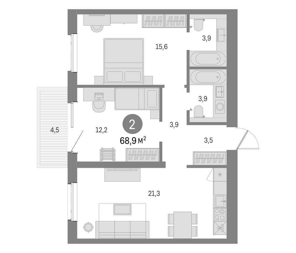 Планировка: 3Е-к.кв · 68,9 м²