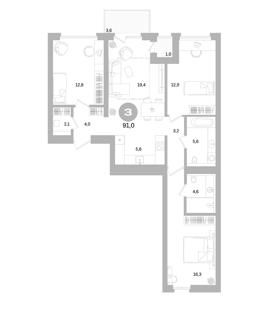 Планировка: 3 комнаты · 91 м²