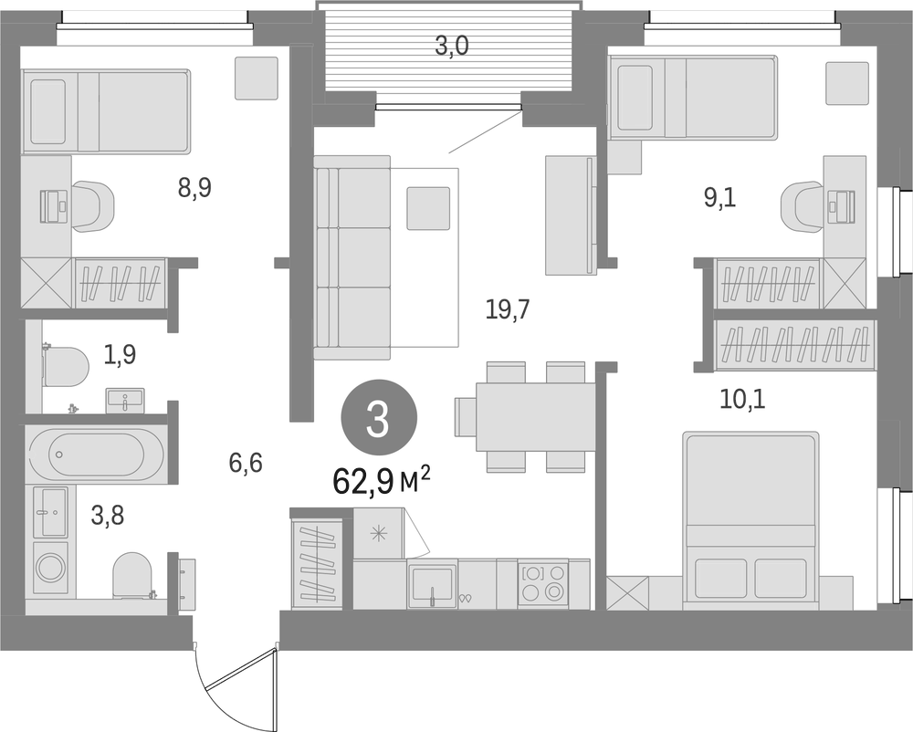 Планировка: 3 комнаты · 62,9 м²