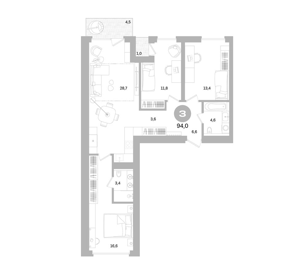 Планировка: 4Е-к.кв · 94 м²