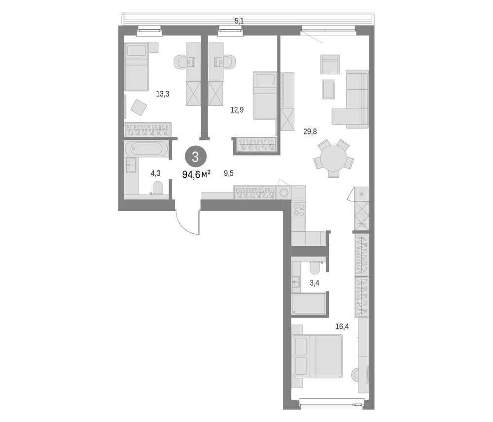 Планировка: 4Е-к.кв · 94,6 м²