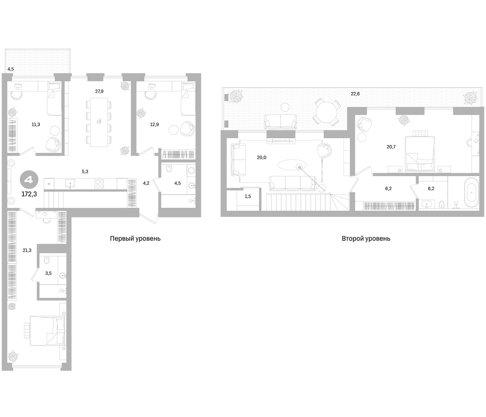 Планировка: 5Е-к.кв · 172,3 м²