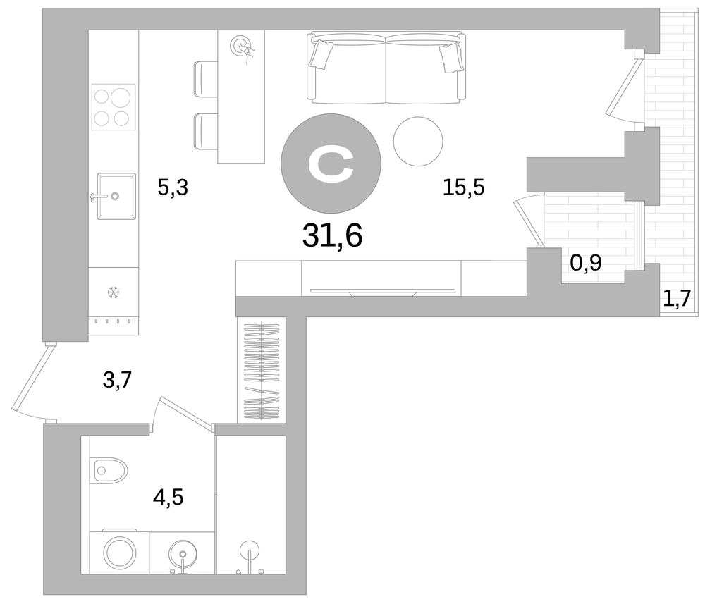 Планировка: Студия · 31,6 м²