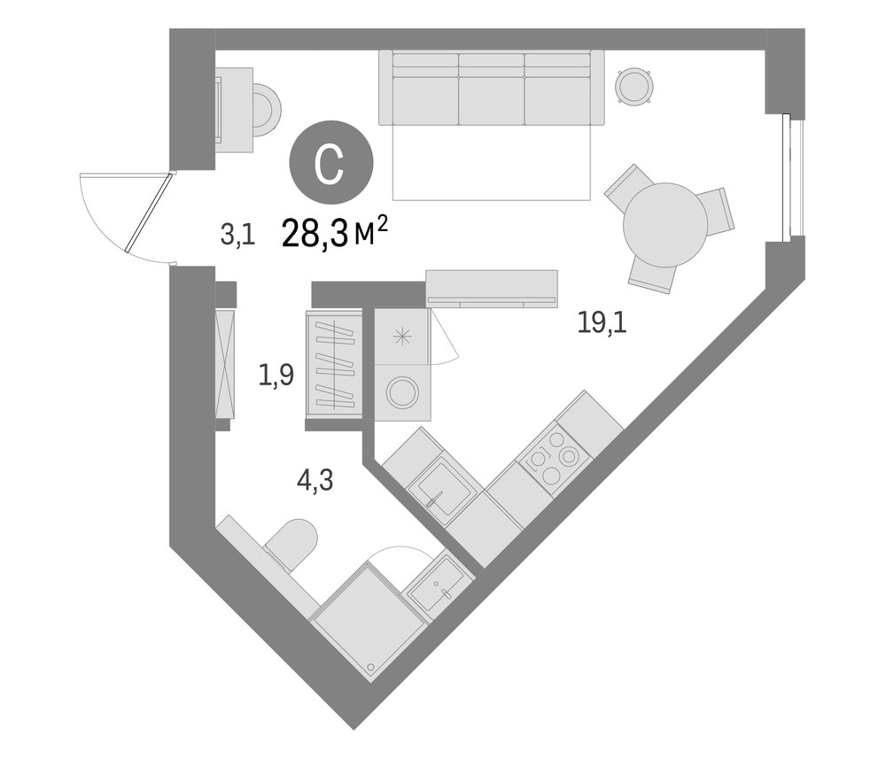 Планировка: Студия · 28,3 м²